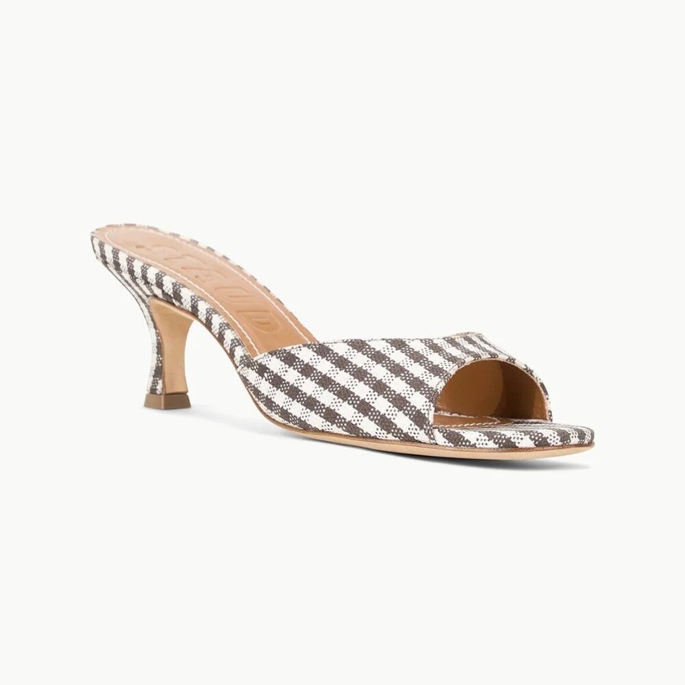 STAUD Brigitte Kitten Heel Mule in Chocolate Micro Check Size 39 NIB